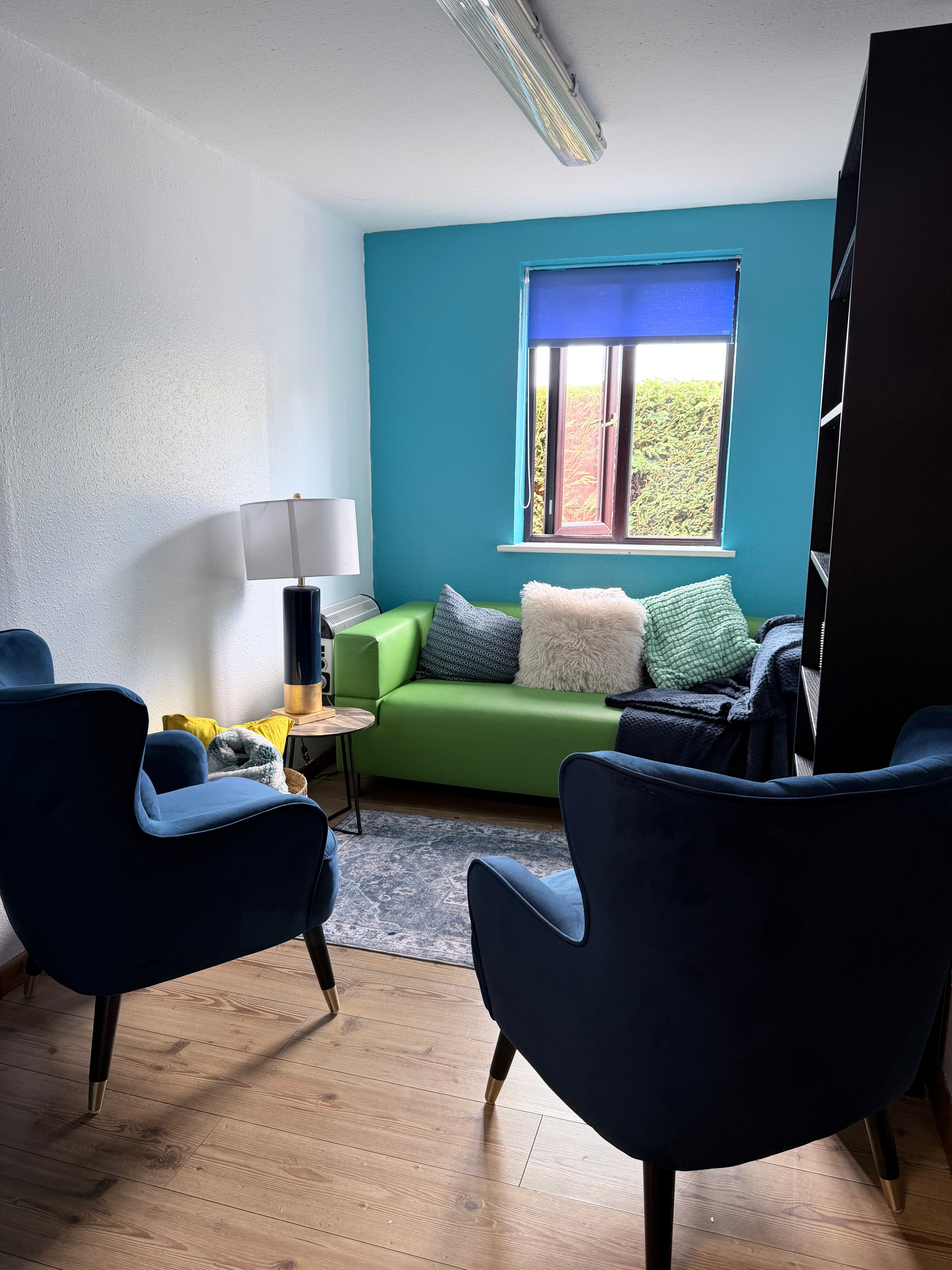 Rainbow Room at The Counselling Space Lower Upham — blue velvet chairs and teal accent wall
